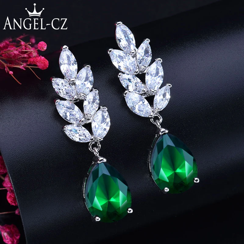 Женские классические серьги ANGELCZ с зеленым кубическим цирконием длинные висячие