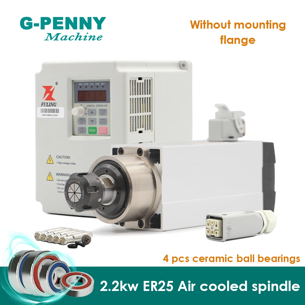 

220v 2.2kw ER25 air cooled wood spindle 4pcs bearings Ceramic ball bearings high quality 0.01mm & 2.2kw VFD/Inverter