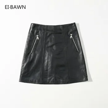 

2020 Genuine Leather Skirts Women Lace Vintage Skirt Black Folded A line Skater Mini Skirt Sexy Sheepskin Leather Skirts Ladies