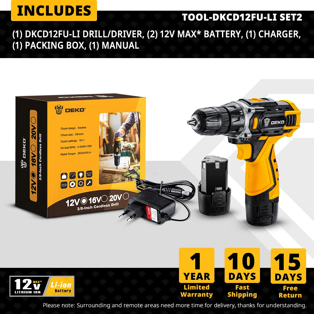 DEKO New 12V Cordless Drill Electric Screwdriver Lithium-Ion