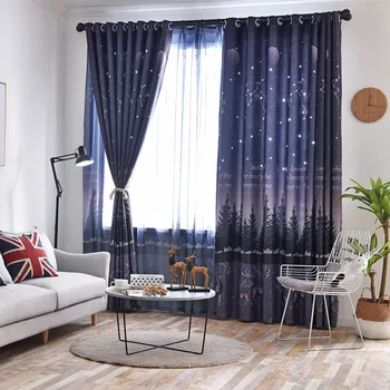 

New Hollow Stars Gradient Blackout Window Curtains For Children Bedroom Living Room Custom Made Blue Night Sky Sheer Voile