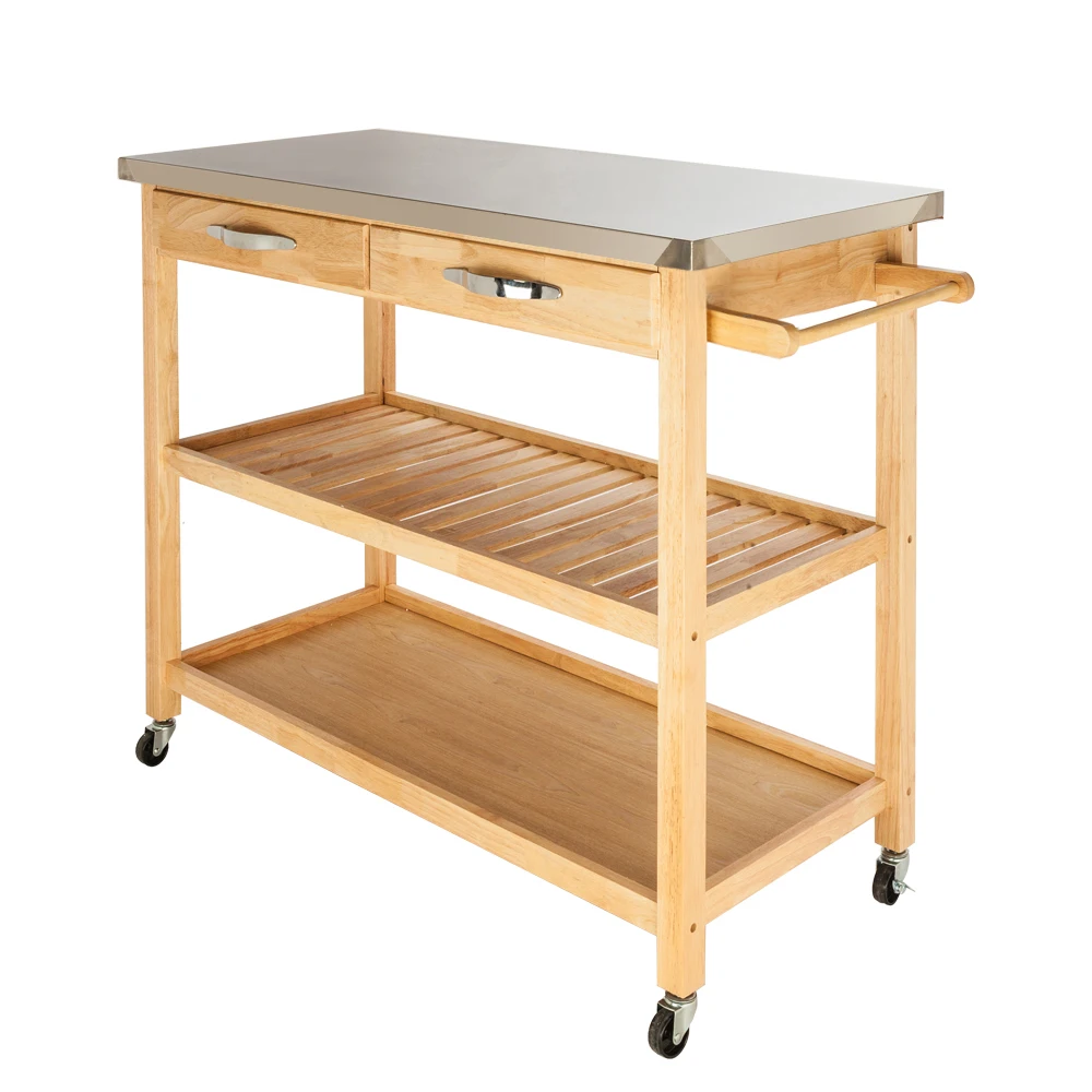  Moveable Kitchen Cart with Stainless Steel Table Top & Two Drawers & Two Shelves Burlywood - 4000155157675