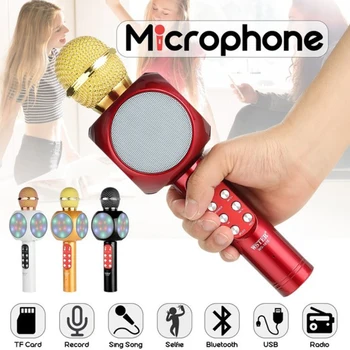 

Wireless MIC Karaoke Microphone Bluetooth Mini Handheld Portable Speaker Home KTV Player with Dancing LED Lights for Smartphone