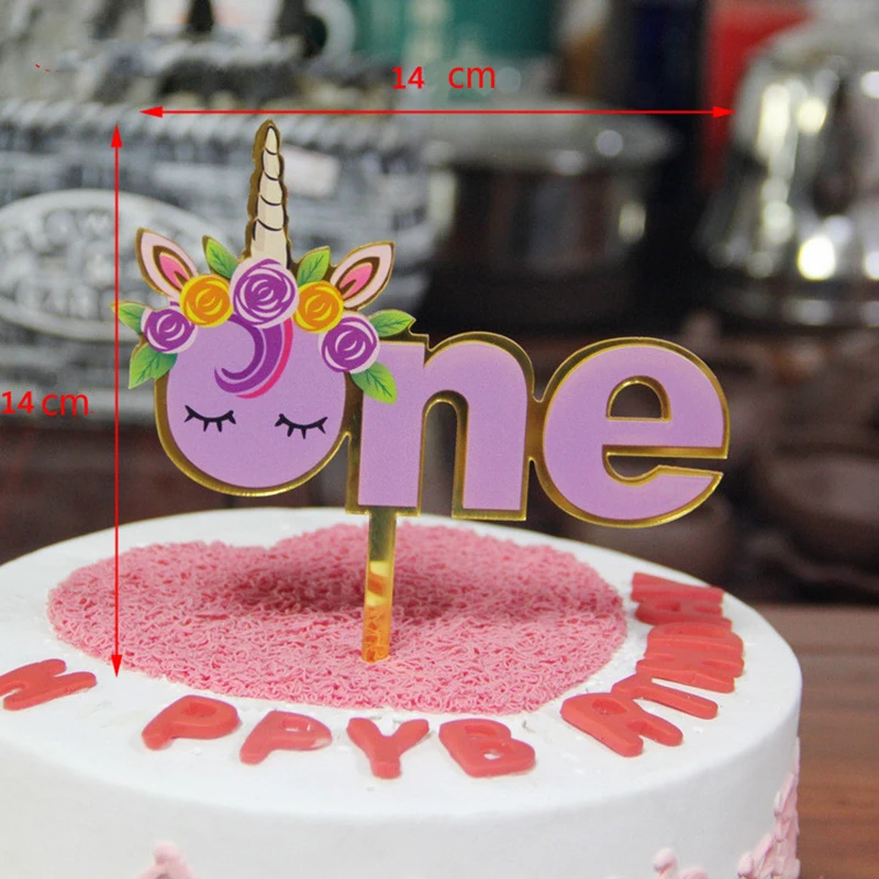 Pink Unicorn One Cake Topper Baby Girl First Birthday Acrylic Kids Themed Party Decorations | Дом и сад