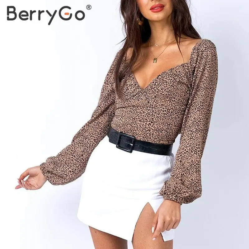 BerryGo, Ретро стиль, леопардовая расцветка, блузка, рубашка, женские плиссированные Короткие топы, рубашки, элегантные, с длинным рукавом, v-образный вырез, осенние женские топы