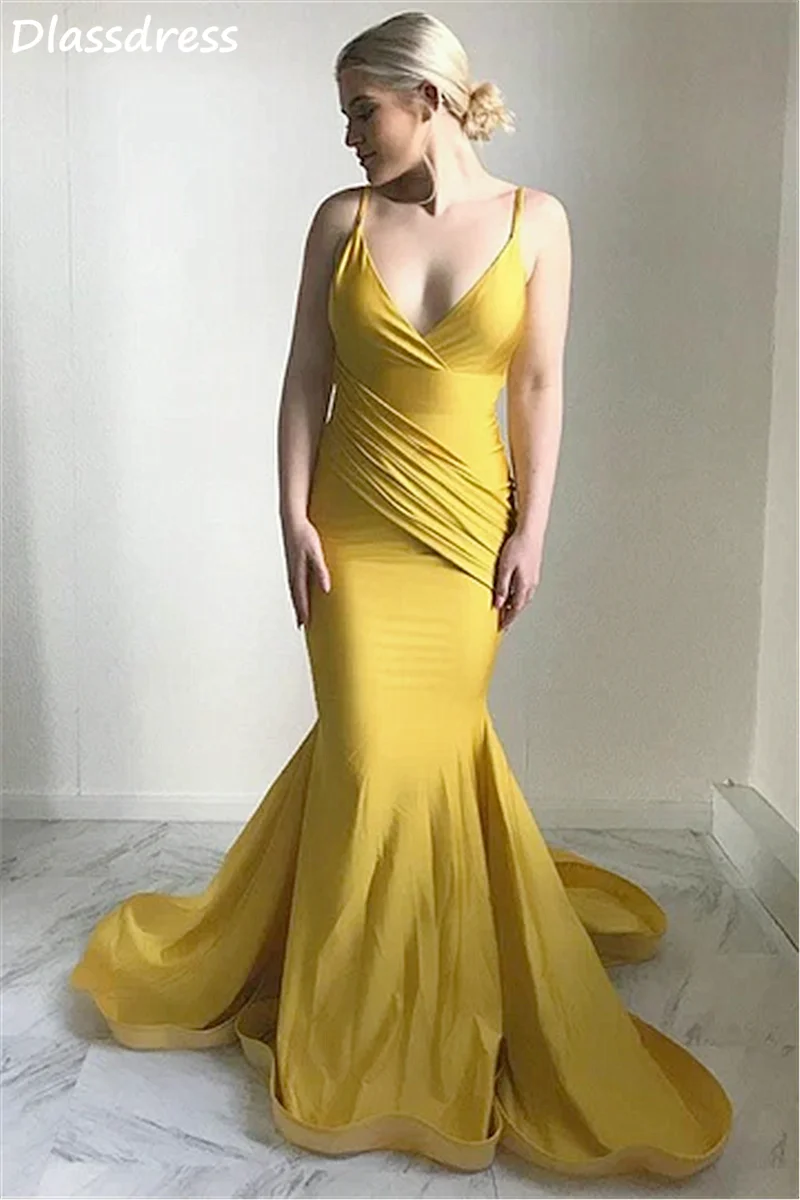 

Женское вечернее платье с юбкой-годе, желтое платье на тонких бретельках с V-образным вырезом, со шлейфом, простое плиссированное платье с открытой спиной для вечеринки и выпускного вечера