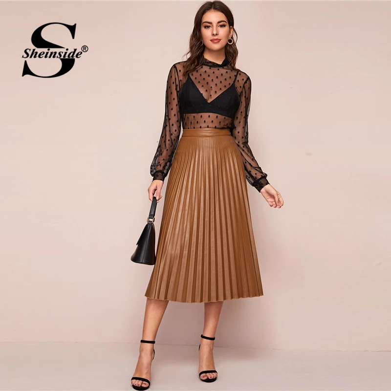 Sheinside Camel элегантная плиссированная Женская юбка из искусственной кожи Весенняя юбка миди с высокой талией Женская однотонная повседневная юбка на молнии
