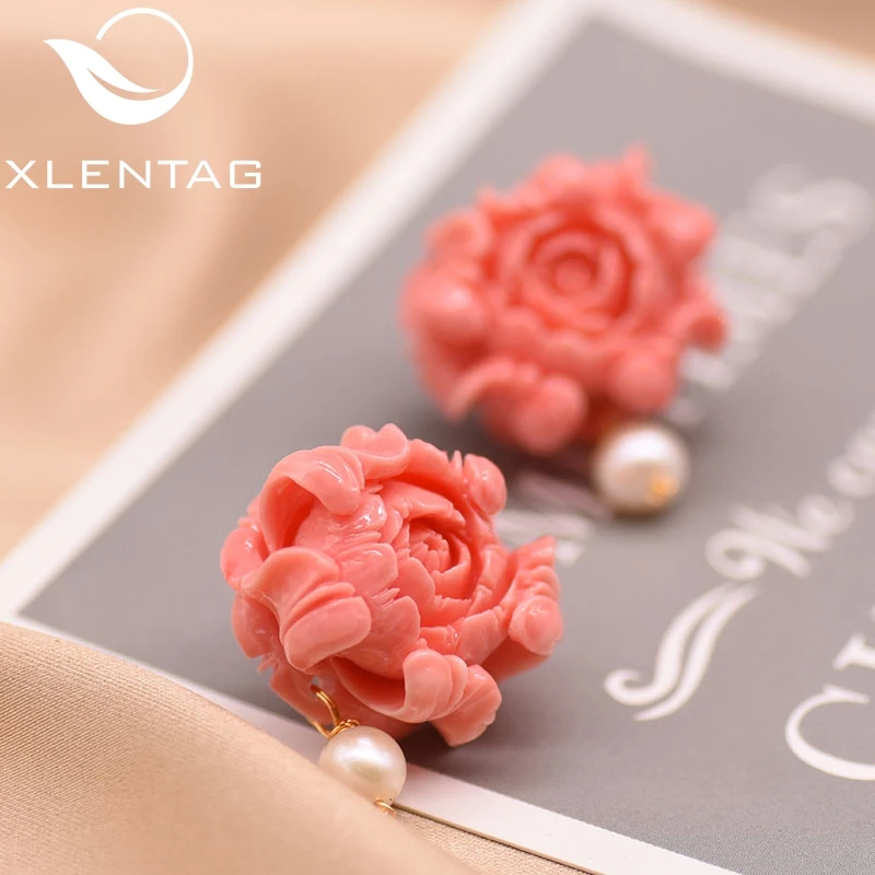 XlentAg Коралловая пудра серьги-гвоздики для женщин натуральный пресноводный белый жемчуг серьги Роскошные ювелирные украшения Aretes De Mujer GE0412
