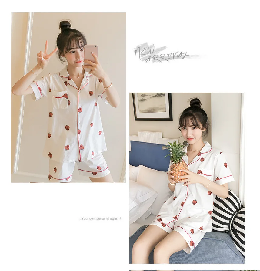 South Korea Pajamas Summer Online Celebrity Style Strawberry Fold-down Collar Short Sleeve Shorts Pure Cotton WOMEN'S Suit-Outer