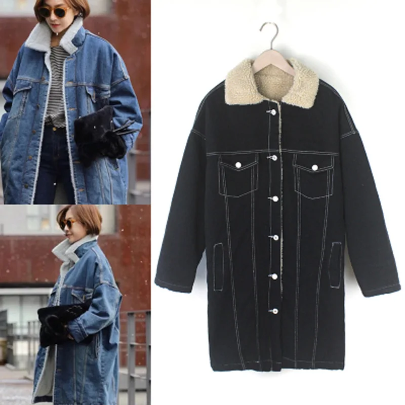 

2016 Autumn And Winter New Style Big Brand Large Size Korean-style plus Velvet Jeans Coat Thick Mid-length Lambs Wool Overcoat W