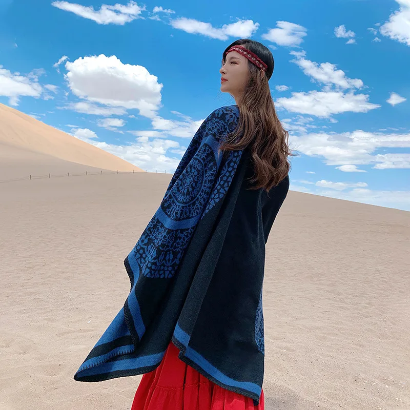 

Print Autumn Winter Women Scarves Imitation Cashmere Poncho Scarf Mantle Cloak Travel Outdoor Warm Wraps Cape Shawl
