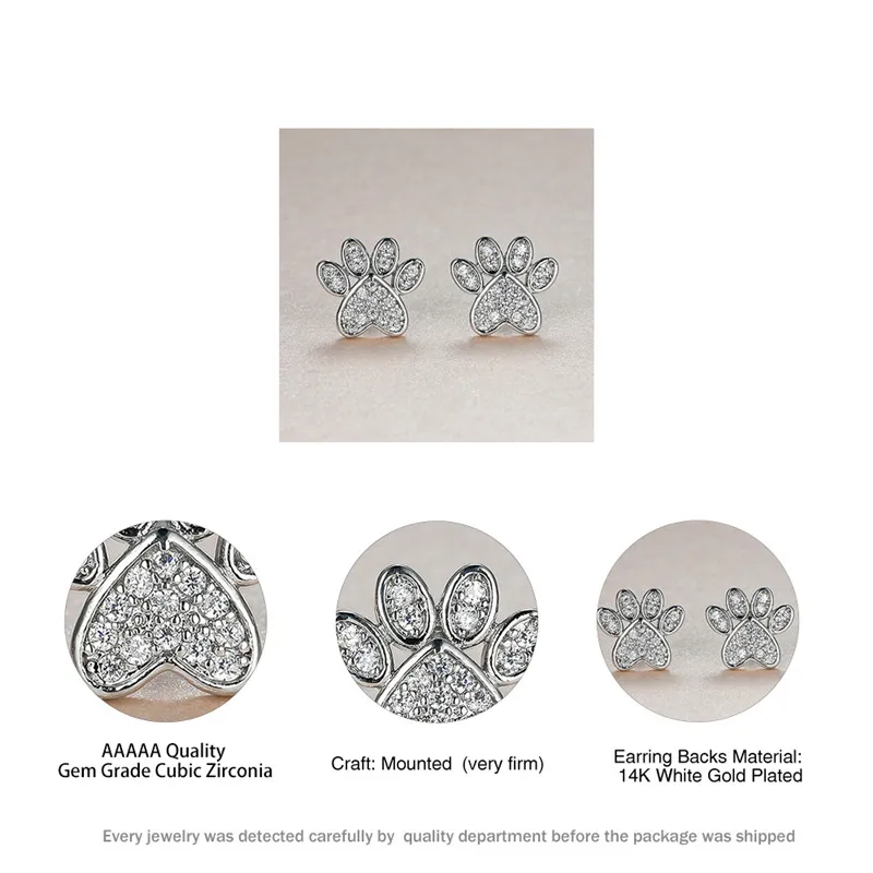 Cute Heart Cat Paw White Zircon Stud Earrings For Women Vintage Fashion Animal Footprint Crystal Stone Earrings Wedding Jewelry