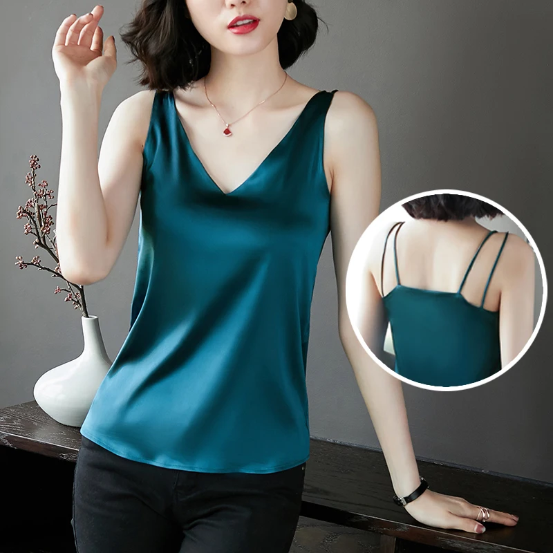 Korean Silk Women Camis Woman Satin Silk Tank Tops Women Elastic Strap Halter Top Woman Sleeveless V Neck Camis Top Plus Size
