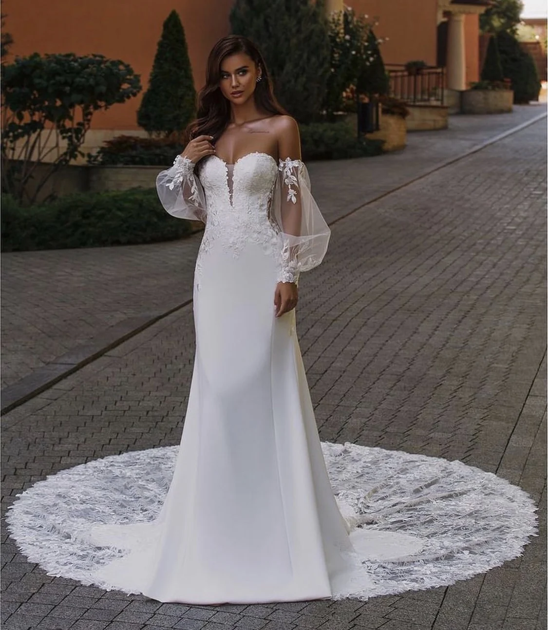 

Wedding Dress Mermaid Sweetheart Lantern Sleeve Lace Appliques Sequined Beads Backless Sweep Train Bridal Gown Vestidos De Novia