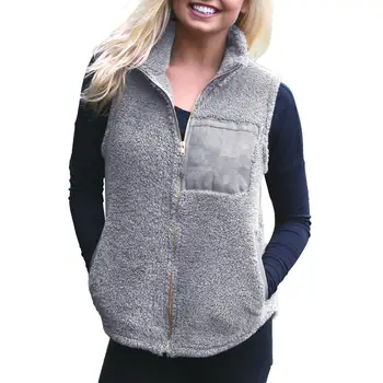 

Women Fleece Turn Down Collar Solid Color Zipper Warm Waistcoat Vest Jacket