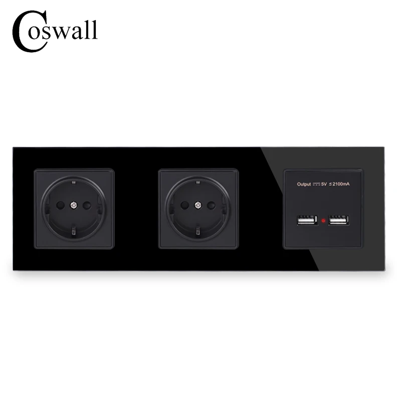 COSWALL настенная Хрустальная стеклянная панель, двойная розетка 16А, европейская электрическая розетка, двойной USB, умный зарядный порт, 5 В, 2 А, выход, золотой цвет