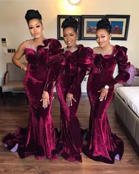 Plus Size One Shoulder Burgundy Mermaid Bridesmaid Dresses Ruffles Prom Gowns Sheer Neck Beaded Wedding Guest Dress