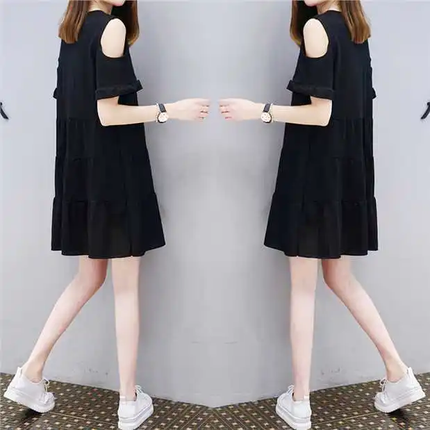 

Cake Dress Short-sleeve Dress WOMEN'S Dress Korean-style Loose And Plus-sized Slimming off-Shoulder Mid-length A- line Dress