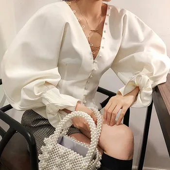 

dropshipping Shirt Blouse Vintage V Neck Blouses White Ruffle Blouses Batting dropshipping Shirts Korean Top 2019 Spring B409