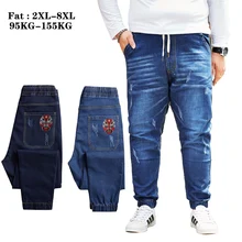 Толстые плюс размер 5XL 8XL стрейч мужские джинсы тренд эластичный пояс шаровары брендовые синие потертые повседневные джинсовые брюки