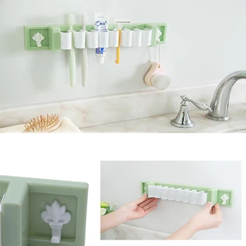 

Plastic Toothbrush Holder Bathroom Accessories Family Set Wall Bathroom Eco-Friendly Storage Rack Multi-Function Suction Hooks