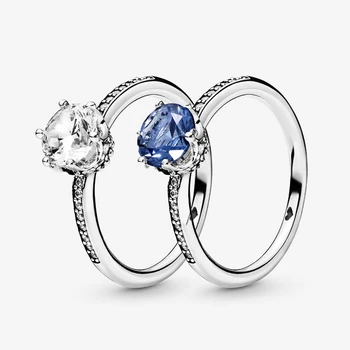 

Authentic 100% 925 Sterling Silver Rings Blue and Clear Sparkling Crown Rings for Women Engagement Jewelry Anniversary