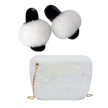 

2020 Real FOX Fur Slides With Vogue Fur Bag Sandals Plush Shoes Fashion amazing Quality Wholesale