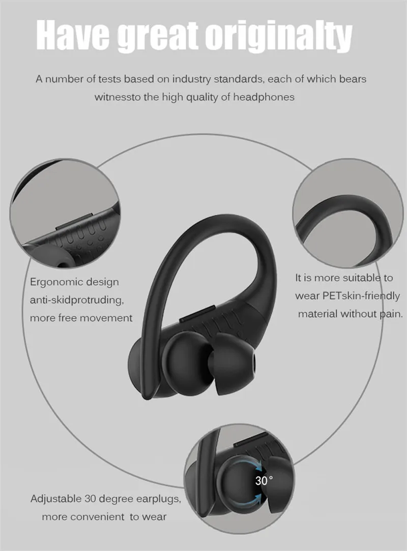 Tkey Bluetooth 5,0 наушники спортивные стерео водонепроницаемые настоящие беспроводные Bluetooth наушники светодиодный дисплей ушные крючки TWS 8D гарнитуры