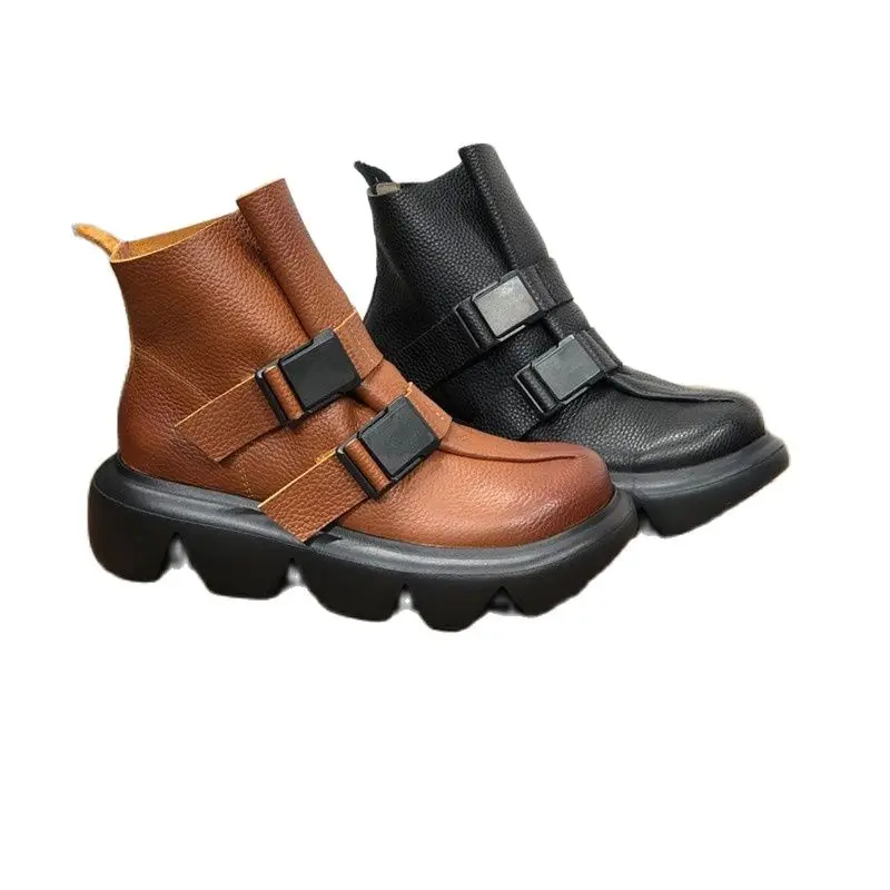 

208-3 Autumn and Winter New Handmade Genuine Leather Platform Ankle Boots Muffin Bottom Cowhide Martin Boots Women