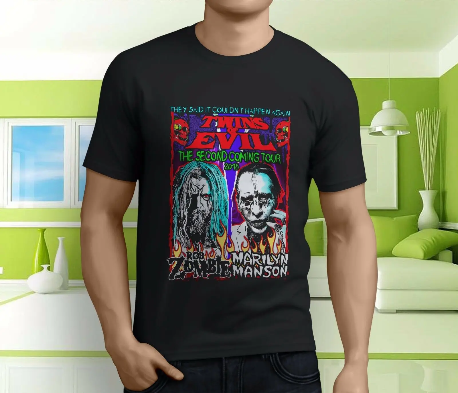 

New ROB ZOMBIE Marilyn Manson Twins Of Evil Men's Black T-Shirt Size S-3XL Ment Shirt Summer Style