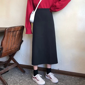 

Autumn Winter Side Slit Long Female High Quality BLACK Skirts Elastic Waist Maxi Women Skirts Vestidos