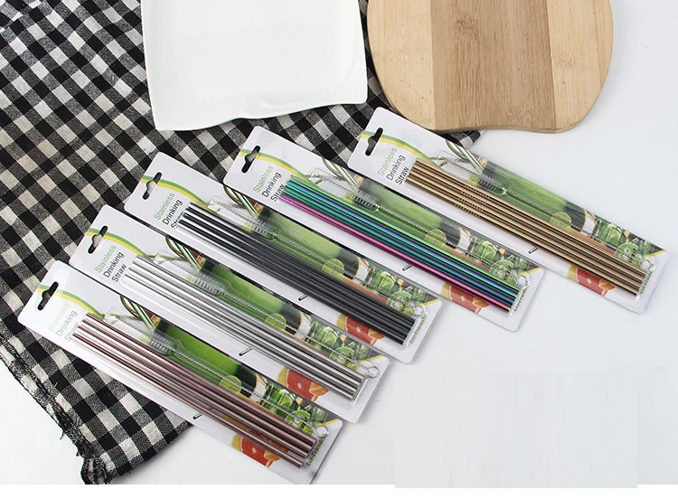 10sets Color Stainless Steel Straw Set Mirror Polished Sucker Beverages Curved Straw Drinks 4 Straw and 1 brush