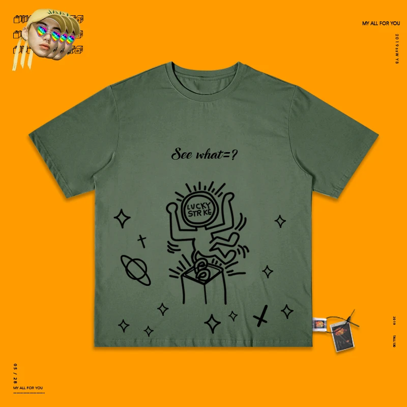 Army green Wang Be Ill Ins студия мультфильм серии каракули стиль ручной уличный скейт Половина рукава для мужчин и женщин Fund Lovers платье - Цвет: Army green