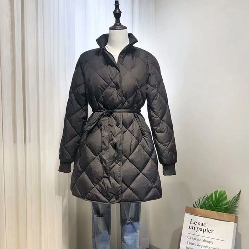 Beste FTLZZ Vrouwen Ultra Licht 90% Witte Eendendons Parka Winter Jas Vrouwelijke Stand Kraag Met Riem Rits Jas Sneeuw Bovenkleding