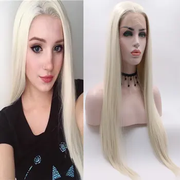 

Bombshell White Straight Synthetic Lace Front Wig Heat Resistant Fiber Hair Natural Hairline Middle Parting for Women Girl Wigs
