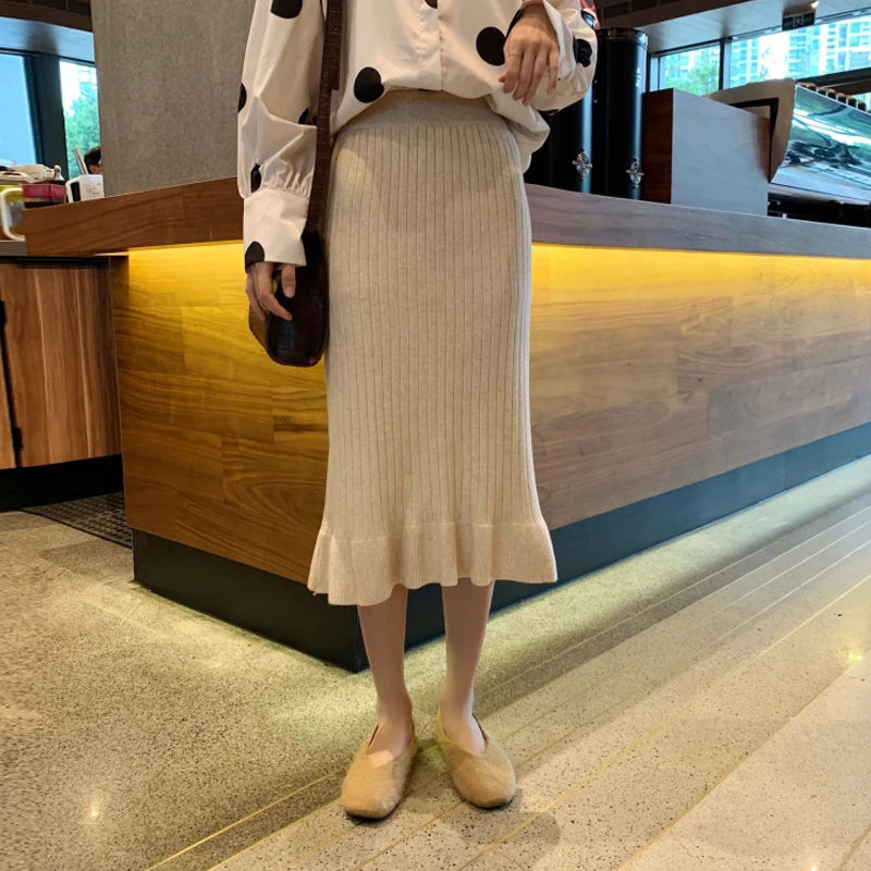 

Korean Autumn Chic Knitted Skirts Women Elegant High Waist Elastic Package Hip Ruffles Skirt Female Solid Color Sexy Midi Saias