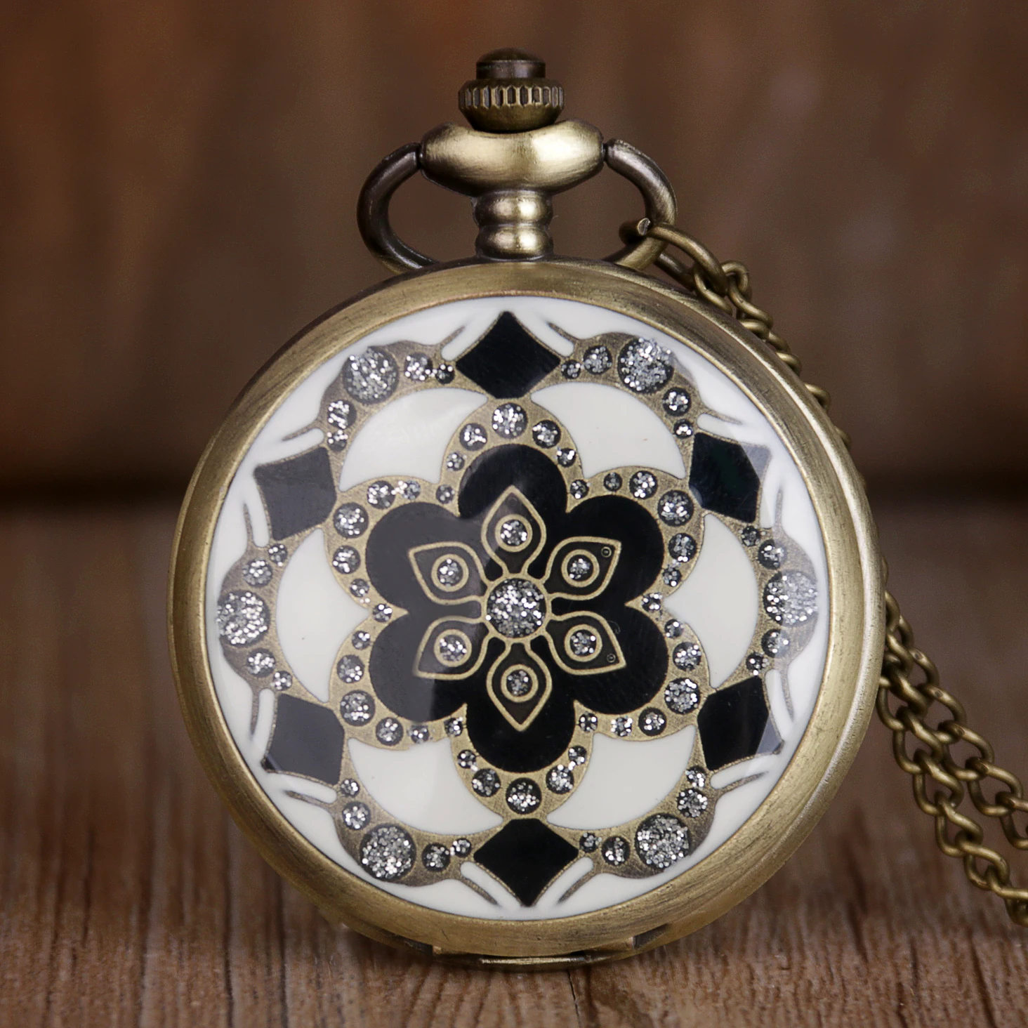 Ретро Винтажные белые и черная керамика цветы карманные часы с цепочкой ожерелье кулон Fob часы