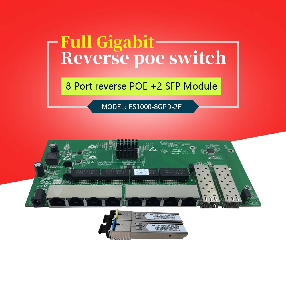 8 port 10 100 1000M gigabit reverse PoE switch plus 2 SFP optical fiber Slots 1