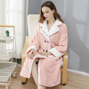 

Thicken Pink Lady Flannel Robe Sexy V-Neck Print Letter Pocket Kimono Bathrobe Autumn Winter Mid-Length External Wear Sleepwear