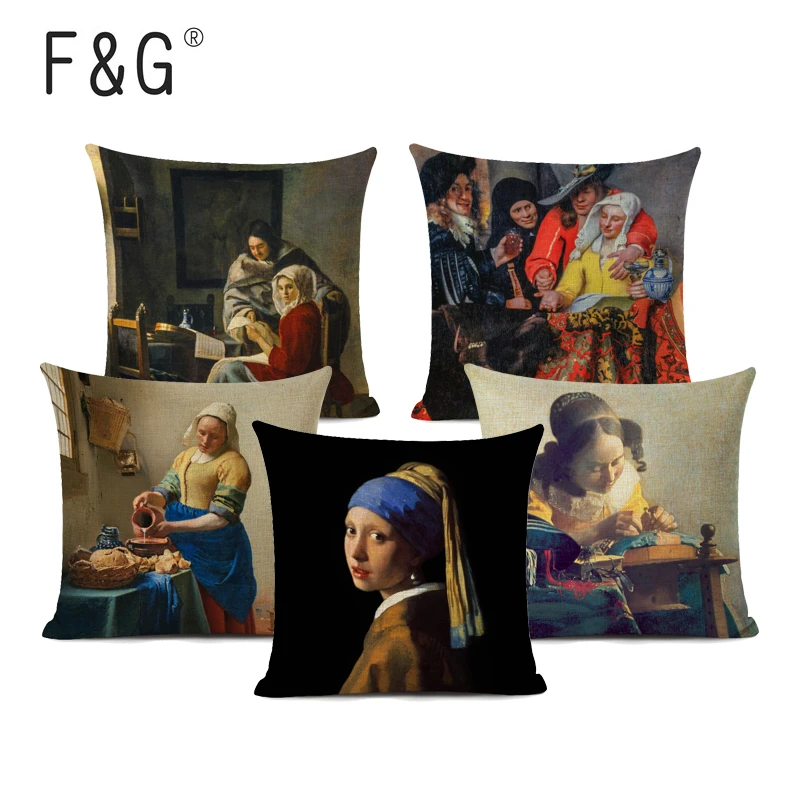 Classic Dutch Painting Girl with a Pearl Earring by Vermeer Throw Pillow Cover Fine Art Pillow Case Sofa Cushion 14x14 16x16 18x18 20x20