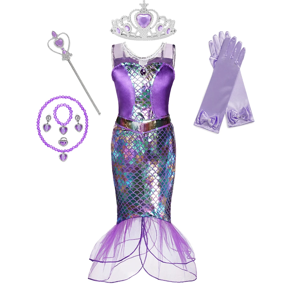 

New Disney Little Mermaid Costume Kids Halloween Party Fancy Dress For Girls Fashion Sleeveless Crystal Sequin Princess Outfits