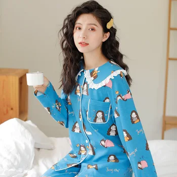 

Pajamas Women Sweet Casual Cotton Long-sleeved Pijama De Mujer Cardigan Pyjama Woman Home Suit Knitted Suit Women Autumn New