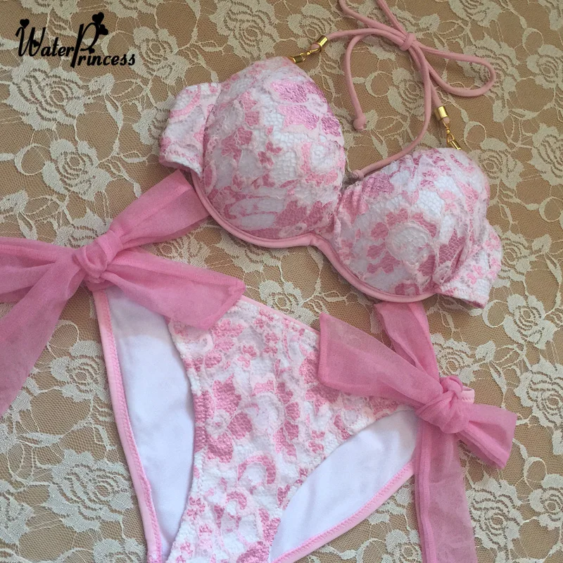 Сексуальные бикини женский купальник лето 2019 розовый кружевной купальный костюм