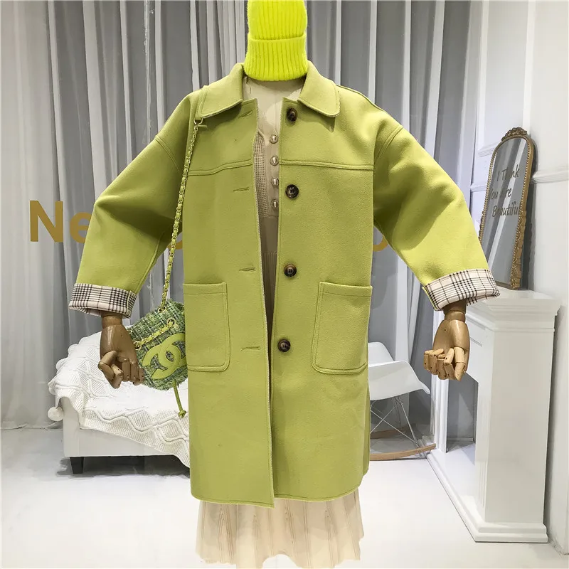 Green Abrigos Mujer Invierno Женское шерстяное пальто с карманами, длинное одноцветное однобортное пальто с широкой талией и отложным воротником