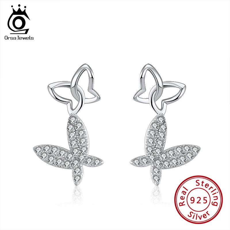 ORSA JEWELS серебряные милые серьги бабочки 925 пробы прозрачные женские гвоздики 20 мм