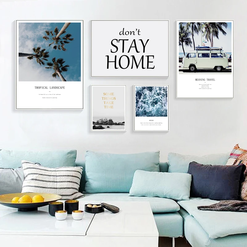 

Scandinavian Style Travel Landscape Canvas Modern Prints Sea Beach Bus pop Poster Modern Nordic Print Painting Nature Decoration