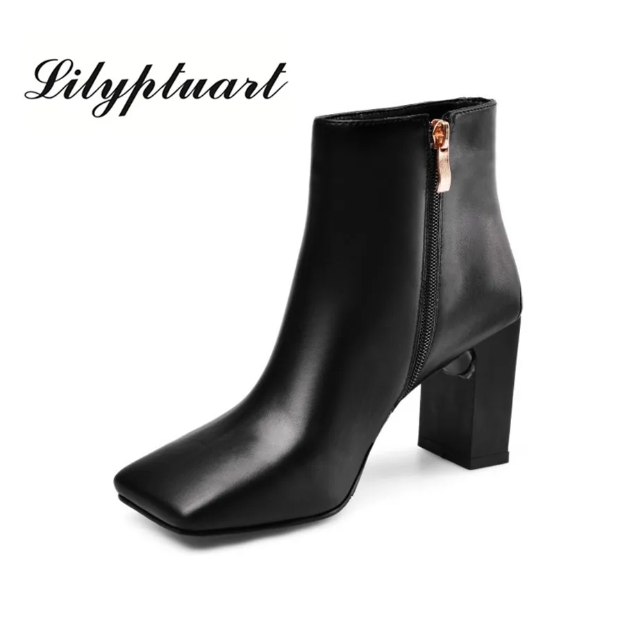

2019 European and American style cowhide material metal decorative booties square head zip closure fashion boots women
