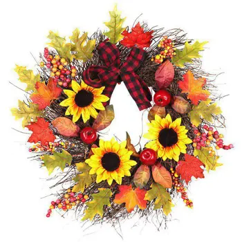 

2020 Autumn Artificial Maple Leaf Wreath With Sunflowers Berries And Bowknot Front Door Window Wall Seasonal Home Decor New