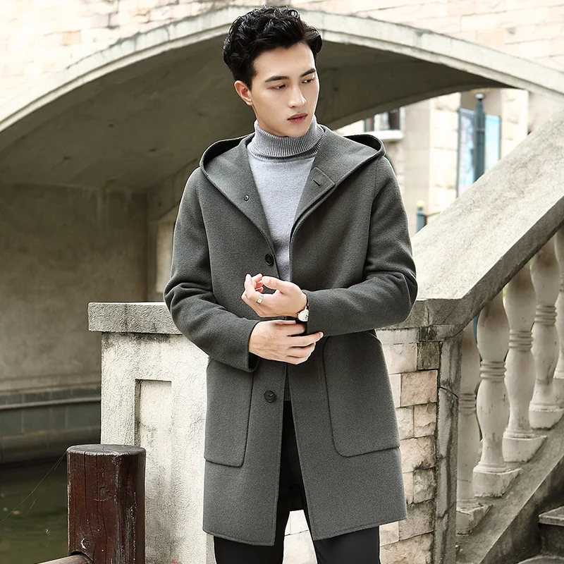 봄 울 코트 후드 양면 모직 롱 자켓 남성용 피코트 오버코트 윈드 브레이커 남성용, Abrigo Hombre 코트 KJ1388