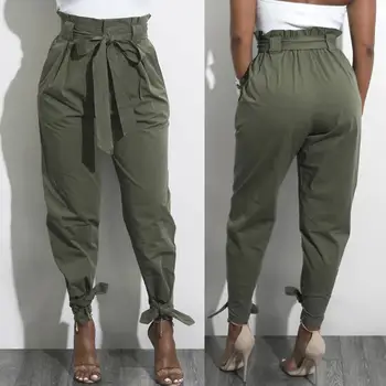 

2019 New Casual Solid Color Women Long Harem Pants High Waist Belted Bandage Long Pants